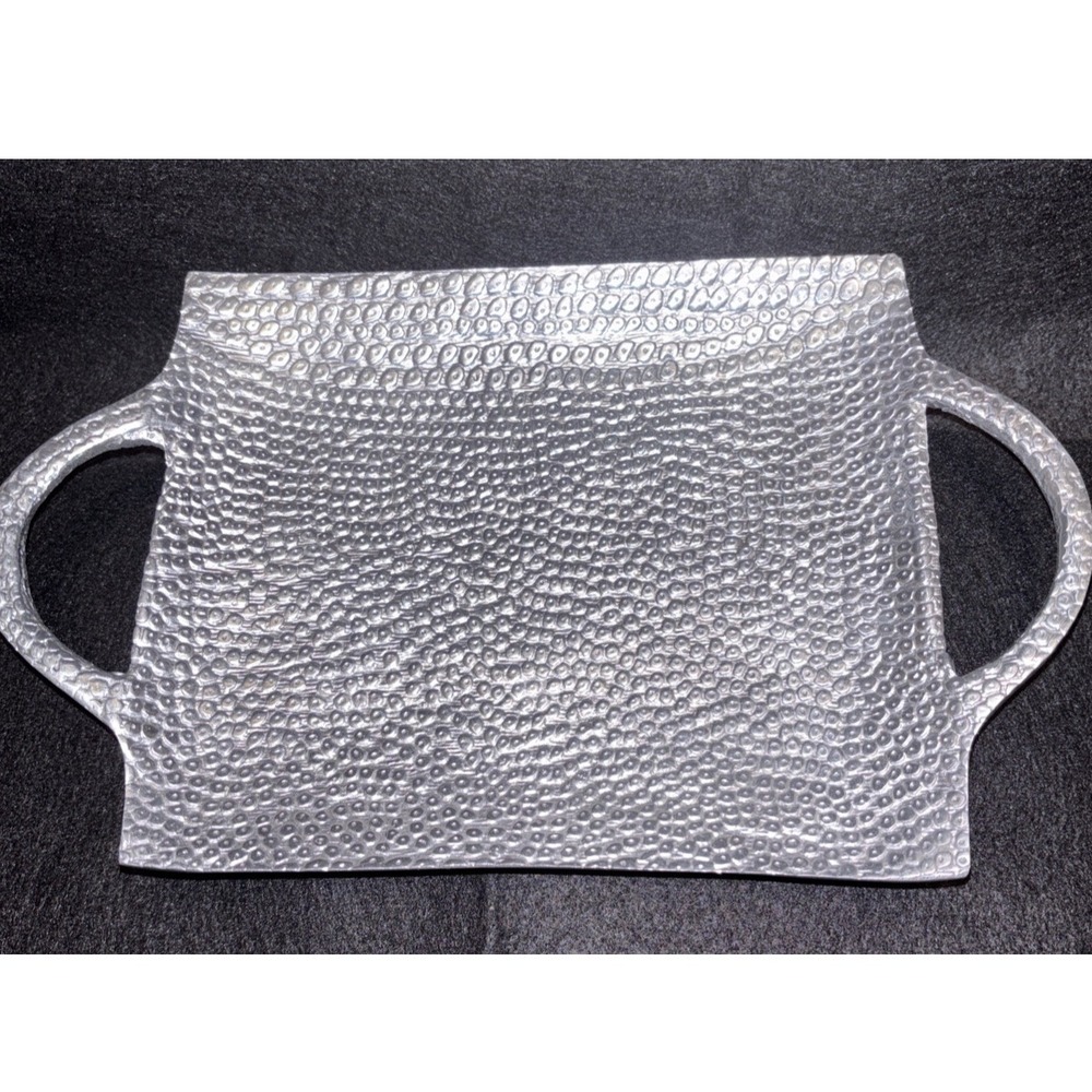 Handcrafted Pebbled Aluminum Rectangular Serving Tray with Handles Silver Tone